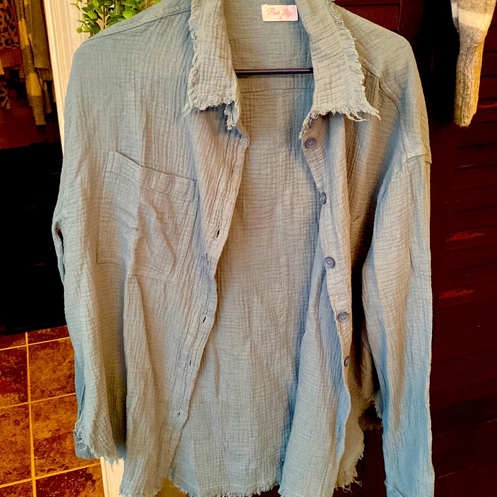 Teal frayed button-up